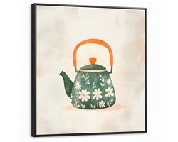 Canvas Schilderij met Baklijst 90x90cm - Theepot - Groen - Bloemen - Oranje - Muurdecoratie woonkamer - Slaapkamer decoratie - Kamer accessoires - Schilderijen op canvas met lijst