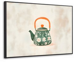 Canvas Schilderij met Baklijst XXL Canvas Schilderij met Baklijst 150x100cm - Theepot - Groen - Bloemen - Oranje - Muurdecoratie woonkamer - Slaapkamer decoratie - Kamer accessoires - Schilderijen op canvas met lijst groot