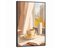 Canvas Schilderij met Baklijst XXL Canvas Schilderij met Baklijst 80x120cm - Thee - Boek - Thee - Herfst - Muurdecoratie woonkamer - Slaapkamer decoratie - Kamer accessoires - Schilderijen op canvas met lijst groot