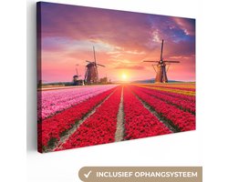 Canvas schilderij - Nederlands landschap met bloemen 120x80 - Kamer decoratie accessoires - schilderijen woonkamer tulpen en molens - Wanddecoratie slaapkamer - Wall decoration - Muurdecoratie keuken - Woondecoratie huis - Woonaccessoires
