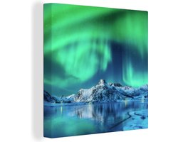 Canvas Schilderij Noorderlicht - Berg - Sneeuw - 50x50 cm - Wanddecoratie