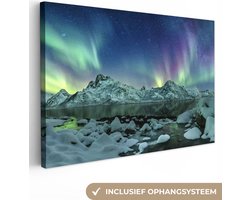 Canvas schilderij - Noorderlicht IJs en bergen 60x40 - Aurora kamer decoratie accessoires - Schilderijen landschappen woonkamer - Wanddecoratie slaapkamer - Muurdecoratie keuken - Wanddoek interieur - Northern lights woondecoratie huis