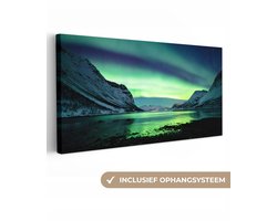 Canvas schilderij - Noorderlicht meer 160x80 - Aurora kamer decoratie accessoires - Schilderijen landschappen woonkamer - Wanddecoratie slaapkamer - Muurdecoratie keuken - Wanddoek interieur binnen - Northern lights woondecoratie huis