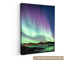 Canvas schilderij - Noorderlicht paars 60x80 - Aurora kamer decoratie accessoires - Schilderijen landschappen woonkamer - Wanddecoratie slaapkamer - Muurdecoratie keuken - Wanddoek interieur binnen - Northern lights woondecoratie huis