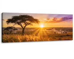 Canvas schilderij Olifanten Savanne Zonsondergang 120x50 cm - Kamer decoratie accessoires - Schilderijen woonkamer natuur horizon - Wanddecoratie slaapkamer - Muurdecoratie keuken - Wanddoek interieur binnen - Woondecoratie huis - Woonaccessoires