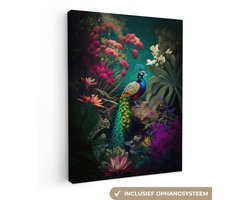 Canvas schilderij - Pauw 60x80 - Kamer decoratie accessoires kleurrijk - Schilderijen woonkamer bloemen jungle - Wanddecoratie slaapkamer - Wall decoration - Muurdecoratie vogel - Wanddoek interieur - Woondecoratie huis - Woonaccessoires