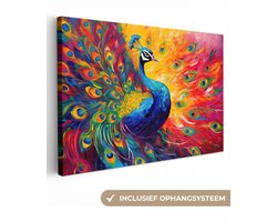 Canvas schilderij - Pauw 90x60 - Kamer decoratie accessoires kleurrijk - Abstracte schilderijen woonkamer - Wanddecoratie slaapkamer - Wall decoration - Muurdecoratie keuken - Wanddoek interieur - Woondecoratie huis - Woonaccessoires