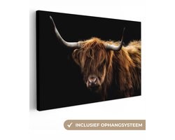 Canvas schilderij - Schotse hooglander 150x100 - Kamer decoratie accessoires - Zwarte schilderijen woonkamer dieren - Wanddecoratie koe slaapkamer - Muurdecoratie keuken zwart - Wanddoek interieur - Woondecoratie huis - Woonaccessoires