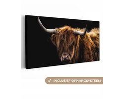 Canvas schilderij - Schotse hooglander 60x30 - Kamer decoratie accessoires - Zwarte schilderijen woonkamer dieren - Wanddecoratie koe slaapkamer - Muurdecoratie keuken zwart - Wanddoek interieur - Woondecoratie huis - Woonaccessoires