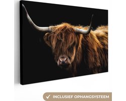 Canvas schilderij - Schotse hooglander 60x40 - Kamer decoratie accessoires - Zwarte schilderijen woonkamer dieren - Wanddecoratie koe slaapkamer - Muurdecoratie keuken zwart - Wanddoek interieur - Woondecoratie huis - Woonaccessoires