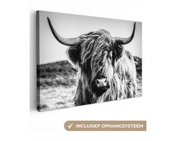 Canvas schilderij - Schotse hooglander zwart wit 140x90 - Kamer decoratie accessoires koe - Dieren schilderijen woonkamer - Wanddecoratie slaapkamer - Muurdecoratie keuken - Wanddoek interieur binnen - Woondecoratie huis - Woonaccessoires