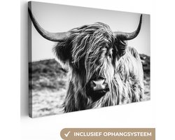 Canvas schilderij - Schotse hooglander zwart wit 180x120 - Kamer decoratie accessoires koe - Dieren schilderijen woonkamer - Wanddecoratie slaapkamer - Muurdecoratie keuken - Wanddoek interieur binnen - Woondecoratie huis - Woonaccessoires