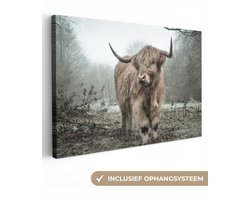 Canvas schilderij - Schotse hooglander zwart wit 180x120 - Kamer decoratie accessoires - Natuur schilderijen woonkamer dieren - Wanddecoratie slaapkamer - Koe muurdecoratie keuken - Wanddoek binnen - Woondecoratie huis - Woonaccessoires