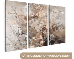 Canvas schilderij set 120x80 cm - Wanddecoratie drieluik - Amandelbloesem - Abstract - Beige - Muurdecoratie woonkamer - Slaapkamer decoratie - Kamer accessoires - Schilderijen op canvas