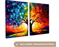 Canvas schilderij set 120x80 cm - Wanddecoratie tweeluik - Boom - Kleurrijk - Verflook - Abstract - Muurdecoratie woonkamer - Slaapkamer decoratie - Kamer accessoires - Schilderijen op canvas