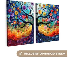 Canvas schilderij set 120x80 cm - Wanddecoratie tweeluik - Kleurrijk - Levensboom - Bloemen - Abstract - Muurdecoratie woonkamer - Slaapkamer decoratie - Kamer accessoires - Schilderijen op canvas