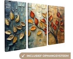 Canvas schilderij set 150x100 cm - Wanddecoratie drieluik - Boom - Bladeren - Natuur - Verflook - Muurdecoratie woonkamer - Slaapkamer decoratie - Kamer accessoires - Schilderijen op canvas