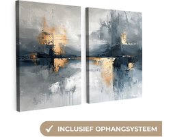 Canvas schilderij set 180x120 cm - Wanddecoratie tweeluik - Abstract - Grijs - Goud - Modern - Muurdecoratie woonkamer - Slaapkamer decoratie - Kamer accessoires - Schilderijen op canvas