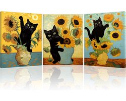 Canvas Schilderij Set - Wanddecoratie Set - Woonkamer Decoreren - Zwarte Kat en Zonnebloem - 3x 30x40 cm - Multicolor