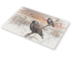 Canvas Schilderij Spreeuwen in Waterlandschap Subtiele Aquarel en Inkttekening Vogels Rietveld Natuur Wanddecoratie 60x40 cm