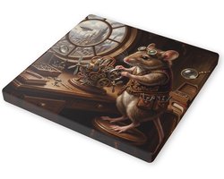 Canvas schilderij Steampunk Muis in Werkplaats Huismuis Mus Musculus Wanddecoratie met Mini Stoommachine en Bureaustoel Grappig Dieren Kunstwerk voor Bureau, Werkkamer, Studiekamer en Kinderkamer 30x30 cm