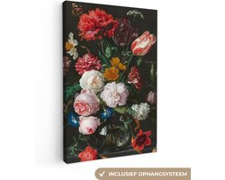 Canvas Schilderij - Stilleven met bloemen in een glazen vaas - Jan Davidsz. de Heem - Kunst - 60x90 cm - Wanddecoratie - Slaapkamer