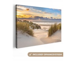 Canvas schilderij - Strand en zee 140x90 - Kamer decoratie accessoires duinen - Beach schilderijen woonkamer - Wanddecoratie slaapkamer - Wall decoration - Muurdecoratie keuken - Wanddoek interieur - Woondecoratie huis - Woonaccessoires