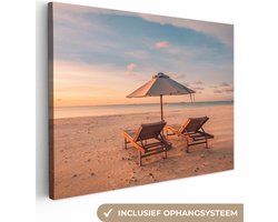 Canvas Schilderij Strand - Ligbed - Parasol - 80x60 cm - Wanddecoratie