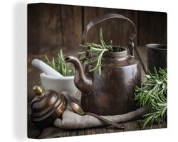 Canvas Schilderij Thee - Theepot - Kruiden - 120x90 cm - Wanddecoratie