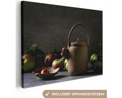 Canvas Schilderij Theepot - Thee - Fruit - 80x60 cm - Wanddecoratie