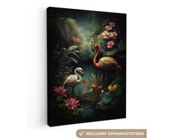 Canvas schilderij vogels 60x80 - Kamer decoratie accessoires flamingo - Schilderijen woonkamer bloemen jungle - Wanddecoratie slaapkamer - Wall decoration - Muurdecoratie vogel - Wanddoek interieur - Woondecoratie huis - Woonaccessoires