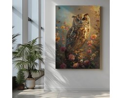 Canvas Schilderij Vogels - Uil met Bloemen - Wanddecoratie - 90x60x2 cm