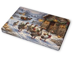 Canvas schilderij Vrolijke ganzen met kerststrikken op besneeuwde boerderij Landelijke wanddecoratie 30x20 cm