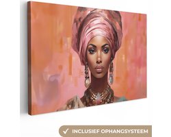 Canvas schilderij vrouw 120x80 cm - Kleurrijk kunstwerk - Huis decoratie woonkamer abstract - Keuken muur schilderijen - Abstracte wanddecoratie decoratieve accessoires - Moderne kunst - Kamer interieur decoraties - Roze wanddoek - Woondeco