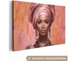 Canvas schilderij vrouw 140x90 cm - Kleurrijk kunstwerk - Huis decoratie woonkamer abstract - Keuken muur schilderijen - Abstracte wanddecoratie decoratieve accessoires - Moderne kunst - Kamer interieur decoraties - Roze wanddoek - Woondeco