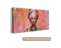 Canvas schilderij vrouw 160x80 cm - Kleurrijk kunstwerk - Huis decoratie woonkamer abstract - Keuken muur schilderijen - Abstracte wanddecoratie decoratieve accessoires - Moderne kunst - Kamer interieur decoraties - Roze wanddoek - Woondeco