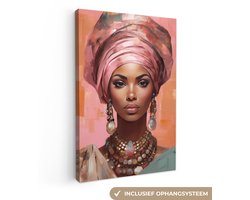 Canvas schilderij vrouw 80x120 cm - Kleurrijk kunstwerk - Huis decoratie woonkamer abstract - Keuken muur schilderijen - Abstracte wanddecoratie decoratieve accessoires - Moderne kunst - Kamer interieur decoraties - Roze wanddoek - Woondeco