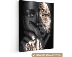 Canvas schilderij - Vrouw goud 120x160 - Kamer decoratie accessoires - Vrouwen schilderijen woonkamer - Wanddecoratie slaapkamer - Black and gold - Muurdecoratie keuken - Wanddoek binnen - Woondecoratie huis - Woonaccessoires zwart