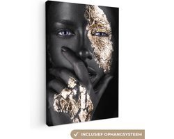 Canvas schilderij - Vrouw goud 60x90 - Kamer decoratie accessoires - Vrouwen schilderijen woonkamer - Wanddecoratie slaapkamer - Black and gold - Muurdecoratie keuken - Wanddoek binnen - Woondecoratie huis - Woonaccessoires zwart