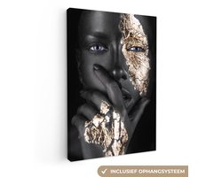 Canvas schilderij - Vrouw goud 80x120 - Kamer decoratie accessoires - Vrouwen schilderijen woonkamer - Wanddecoratie slaapkamer - Black and gold - Muurdecoratie keuken - Wanddoek binnen - Woondecoratie huis - Woonaccessoires zwart