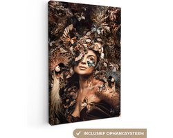 Canvas schilderij - Vrouw met bloemen 60x90 - Botanische kamer decoratie accessoires - Luxe vrouwen schilderijen woonkamer - Wanddecoratie slaapkamer - Muurdecoratie keuken - Wanddoek interieur binnen - Woondecoratie huis - Woonaccessoires