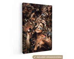 Canvas schilderij - Vrouw met bloemen 80x120 - Botanische kamer decoratie accessoires - Luxe vrouwen schilderijen woonkamer - Wanddecoratie slaapkamer - Muurdecoratie keuken - Wanddoek interieur binnen - Woondecoratie huis - Woonaccessoires