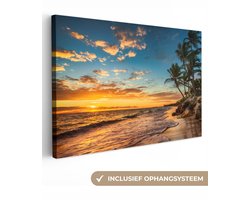 Canvas schilderij zonsondergang - Strand en zee 90x60 - Kamer decoratie accessoires - Schilderijen woonkamer tropisch palmboom - Wanddecoratie slaapkamer - Muurdecoratie keuken - Wanddoek - Woondecoratie huis - Woonaccessoires