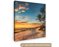 Canvas schilderij zonsondergang - Strand en zee 90x90 - Kamer decoratie accessoires - Schilderijen woonkamer tropisch palmboom - Wanddecoratie slaapkamer - Muurdecoratie keuken - Wanddoek - Woondecoratie huis - Woonaccessoires