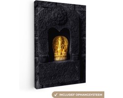 Canvas schildersdoek - Foto op canvas - Woonkamer decoratie - Ganesha beeld - Goud - Spiritueel - Bakstenen - Zwart - 120x180 cm