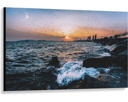 Canvas  - Schuimende Zee tegen Rotsen - 120x80cm Foto op Canvas Schilderij (Wanddecoratie op Canvas)