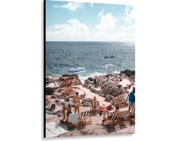 Canvas - Strand - Zee - Stoelen - Mensen - Water - Stenen - 100x150 cm Foto op Canvas Schilderij (Wanddecoratie op Canvas)