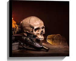Canvas - Tafereel van Schedel met Wapen en Kaars - 40x40 cm Foto op Canvas Schilderij (Wanddecoratie op Canvas)