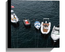 Canvas - Vijf Rubberen Bootjes Dobberend op het Water - 30x30 cm Foto op Canvas Schilderij (Wanddecoratie op Canvas)