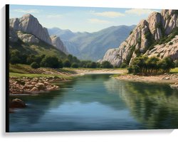 Canvas - Water - Bergen - Bomen - Gras - Stenen - 100x75 cm Foto op Canvas Schilderij (Wanddecoratie op Canvas)